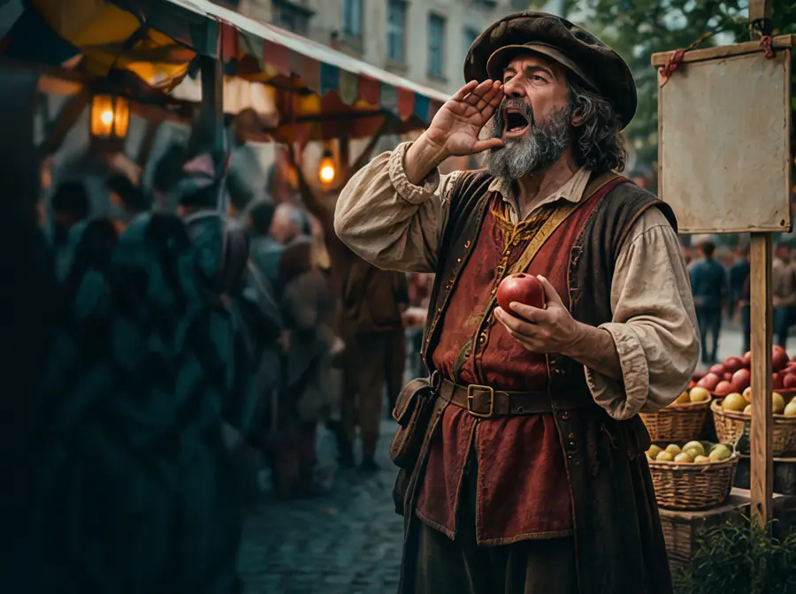 Ein Händler auf einem abendlichen Jahrmarkt ruft mit der Hand am Mund, in der anderen Hand ein Apfel, daneben Apfelkörbe.
