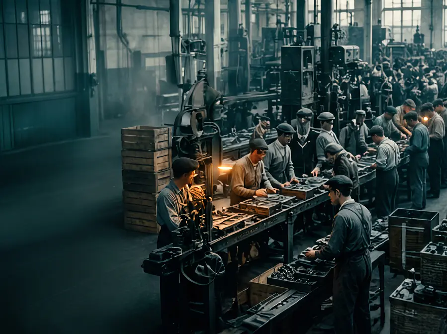 Eine grosse Fabrikhalle um 1920 mit Arbeitern an einem langen Fliessband.