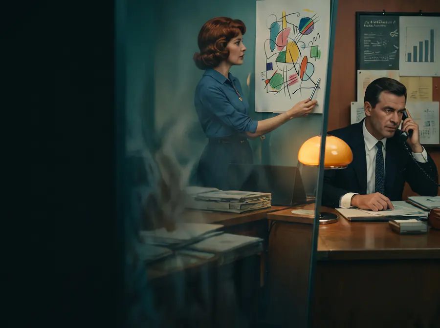 Ein Büro der Sechzigerjahre, durch eine Glaswand geteilt: links eine Frau an einem Werbeplakat, rechts ein Mann am Telefon.