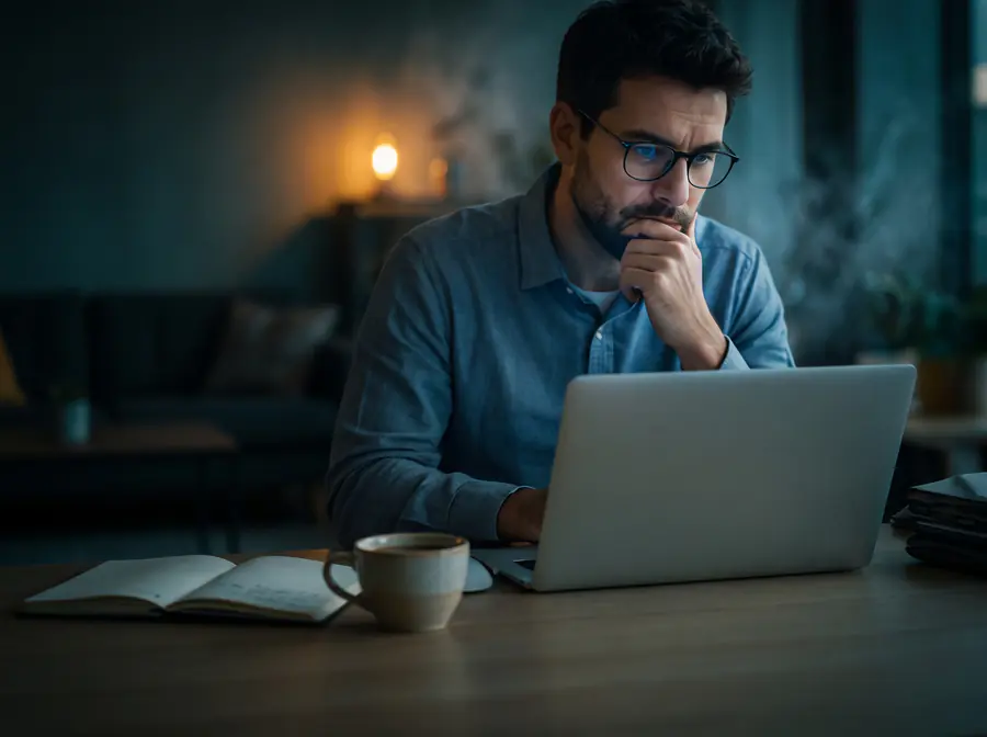Ein Mann mit Brille sitzt abends nachdenklich vor seinem Laptop.